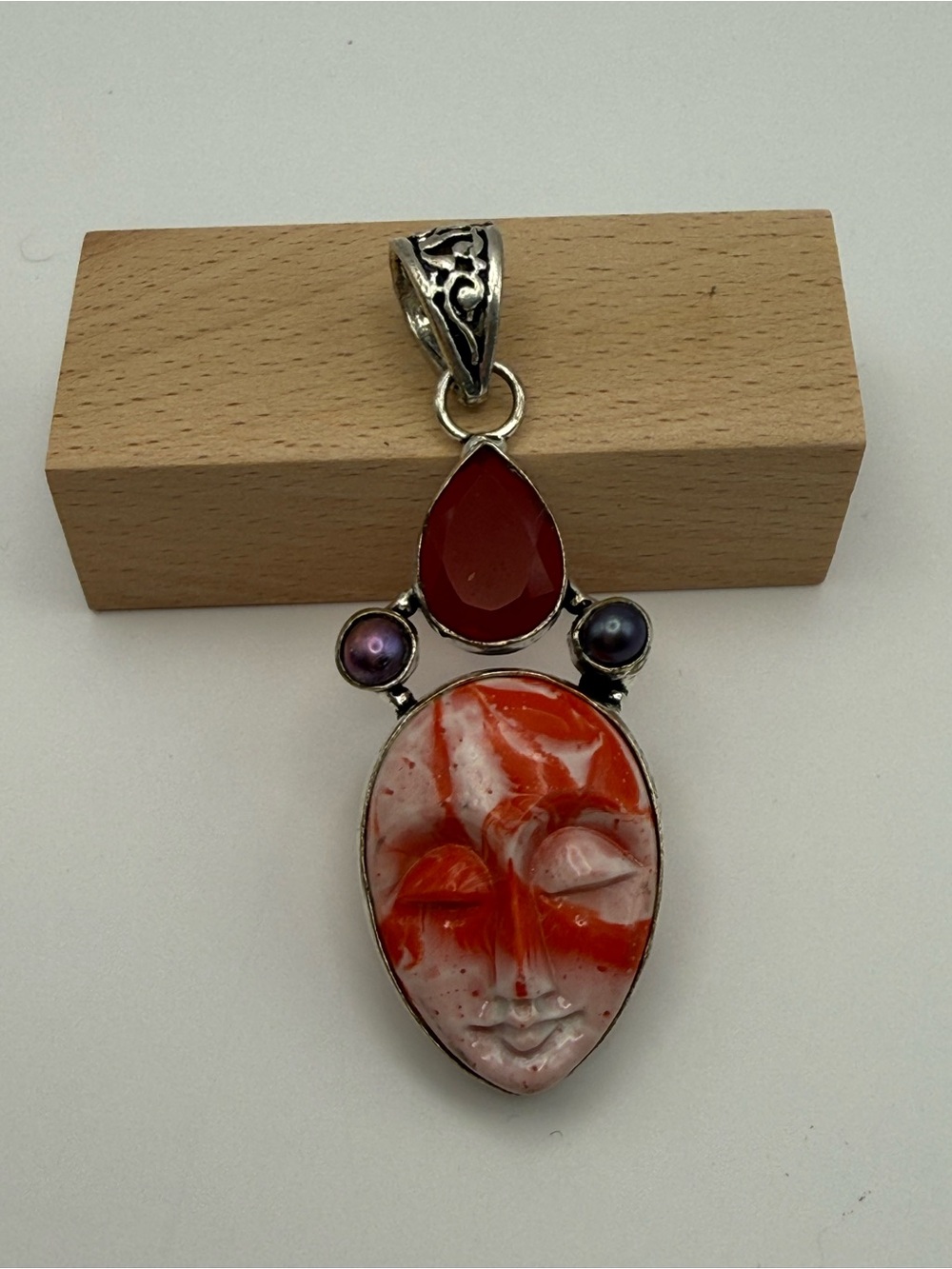 Artisan 925 Sterling Silver Carved Face Pendant | Carnelian & Pearls